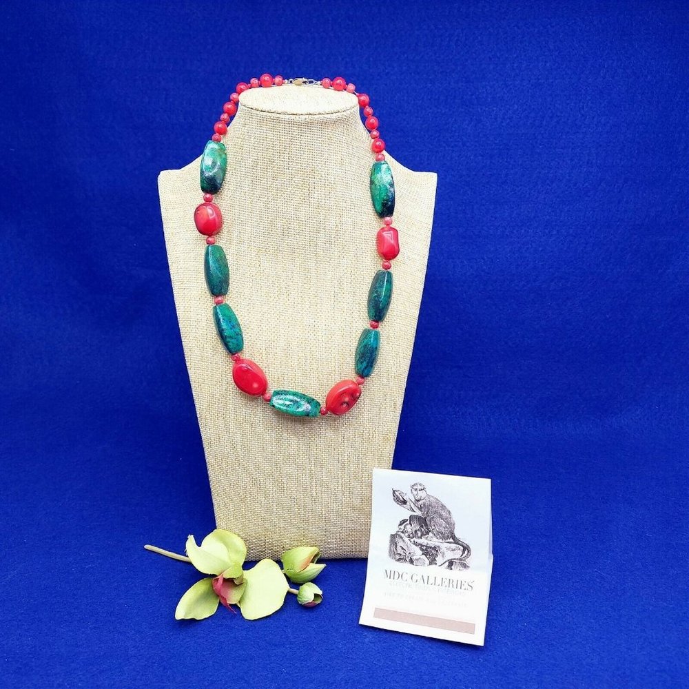 Necklace Red Green Faux Stones Red Beads Fashion Jewelry 20"